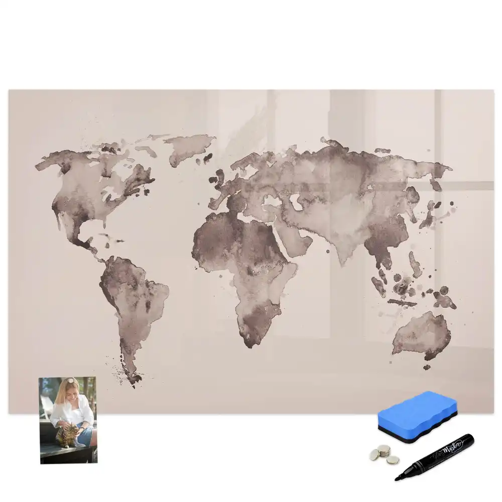 Tableau blanc magnétique effaçable à sec avec motif carte du monde
