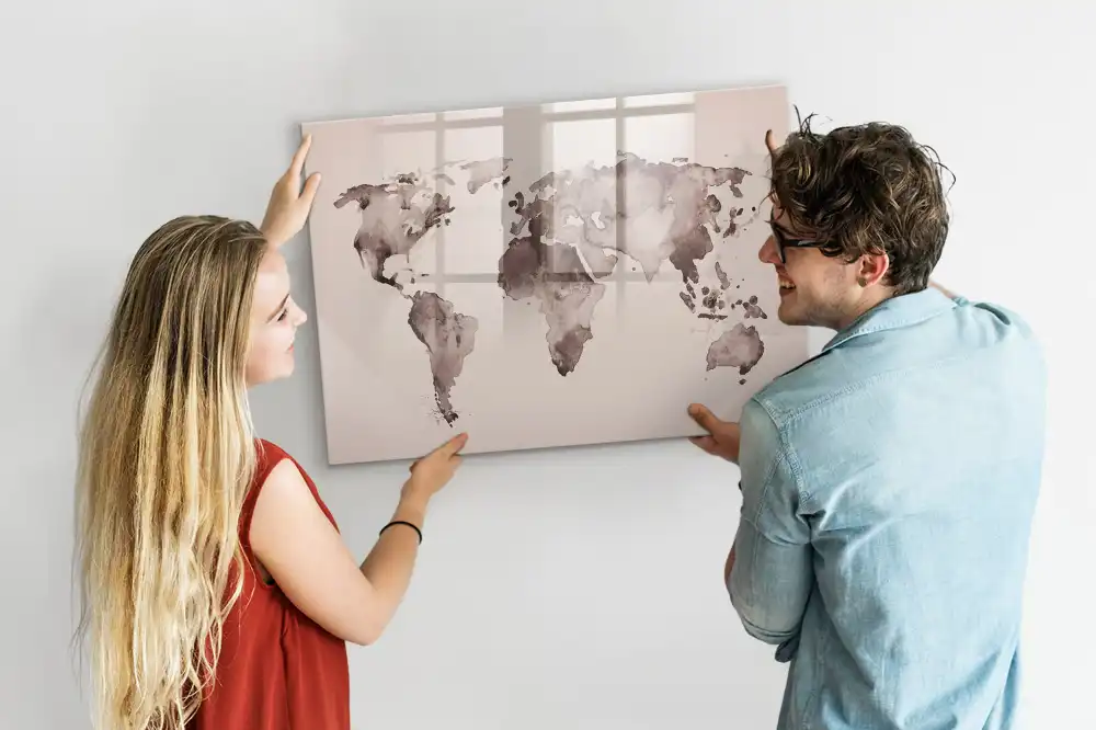 Tableau blanc magnétique effaçable à sec avec motif carte du monde