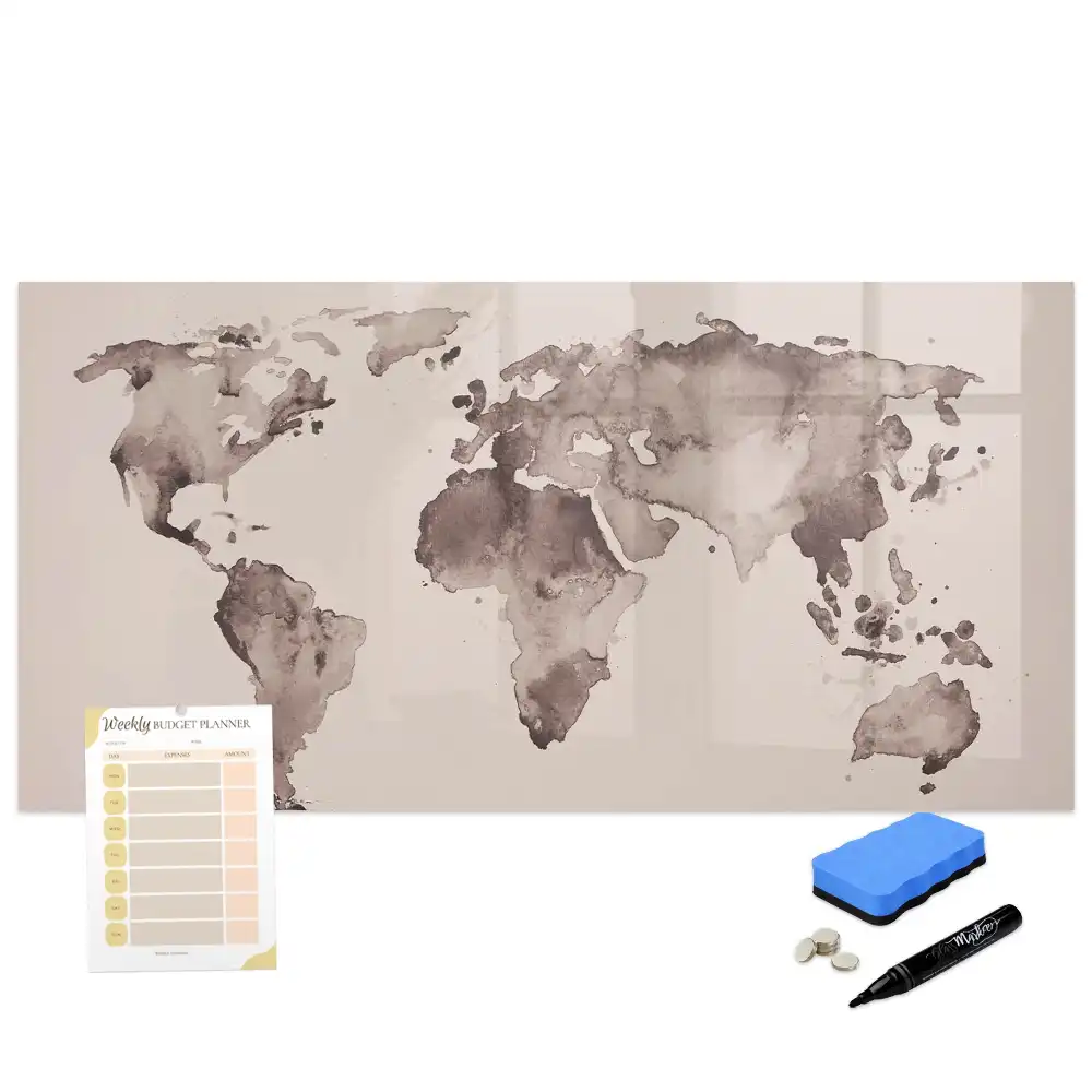 Tableau blanc magnétique effaçable à sec avec motif carte du monde