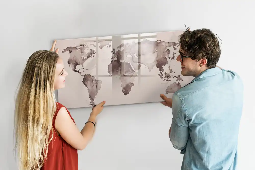 Tableau blanc magnétique effaçable à sec avec motif carte du monde