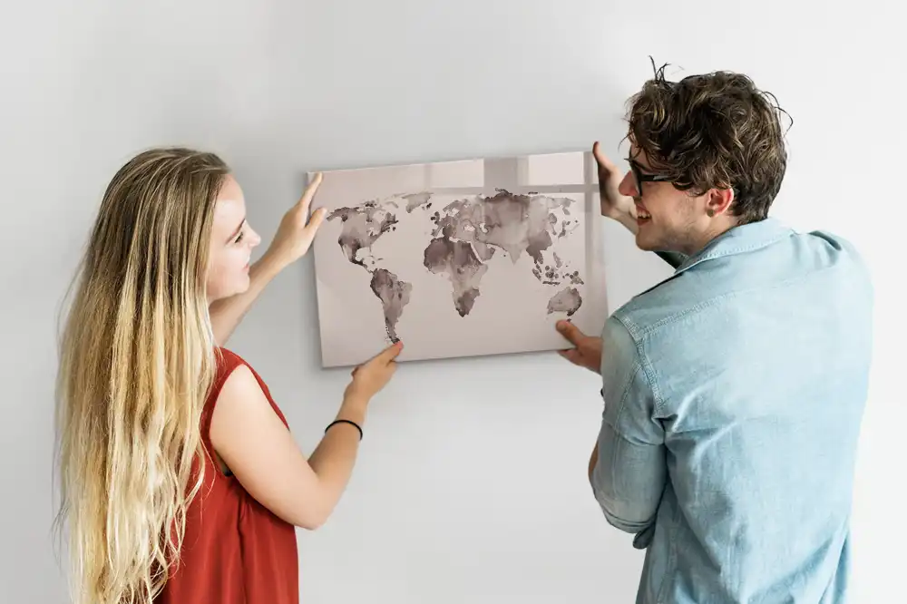 Tableau blanc magnétique effaçable à sec avec motif carte du monde