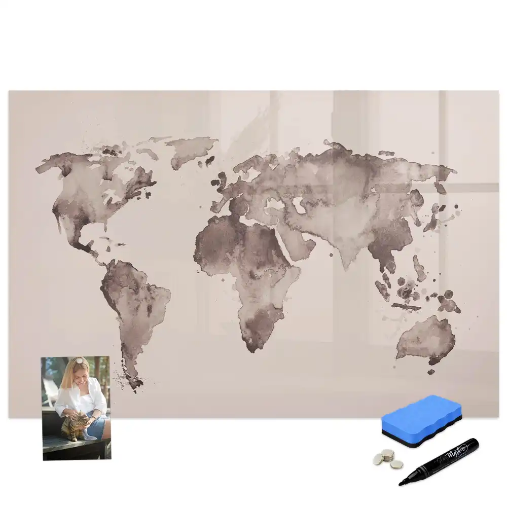 Tableau blanc magnétique effaçable à sec avec motif carte du monde
