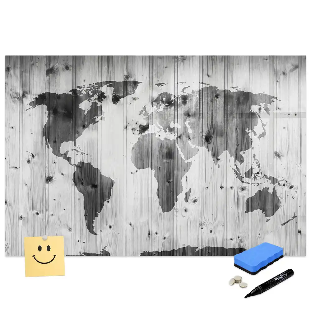 Tableau blanc magnétique effaçable à sec avec motif continents sur fond bois
