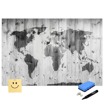 Tableau blanc magnétique effaçable à sec avec motif continents sur fond bois