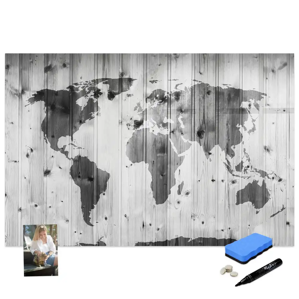 Tableau blanc magnétique effaçable à sec avec motif continents sur fond bois