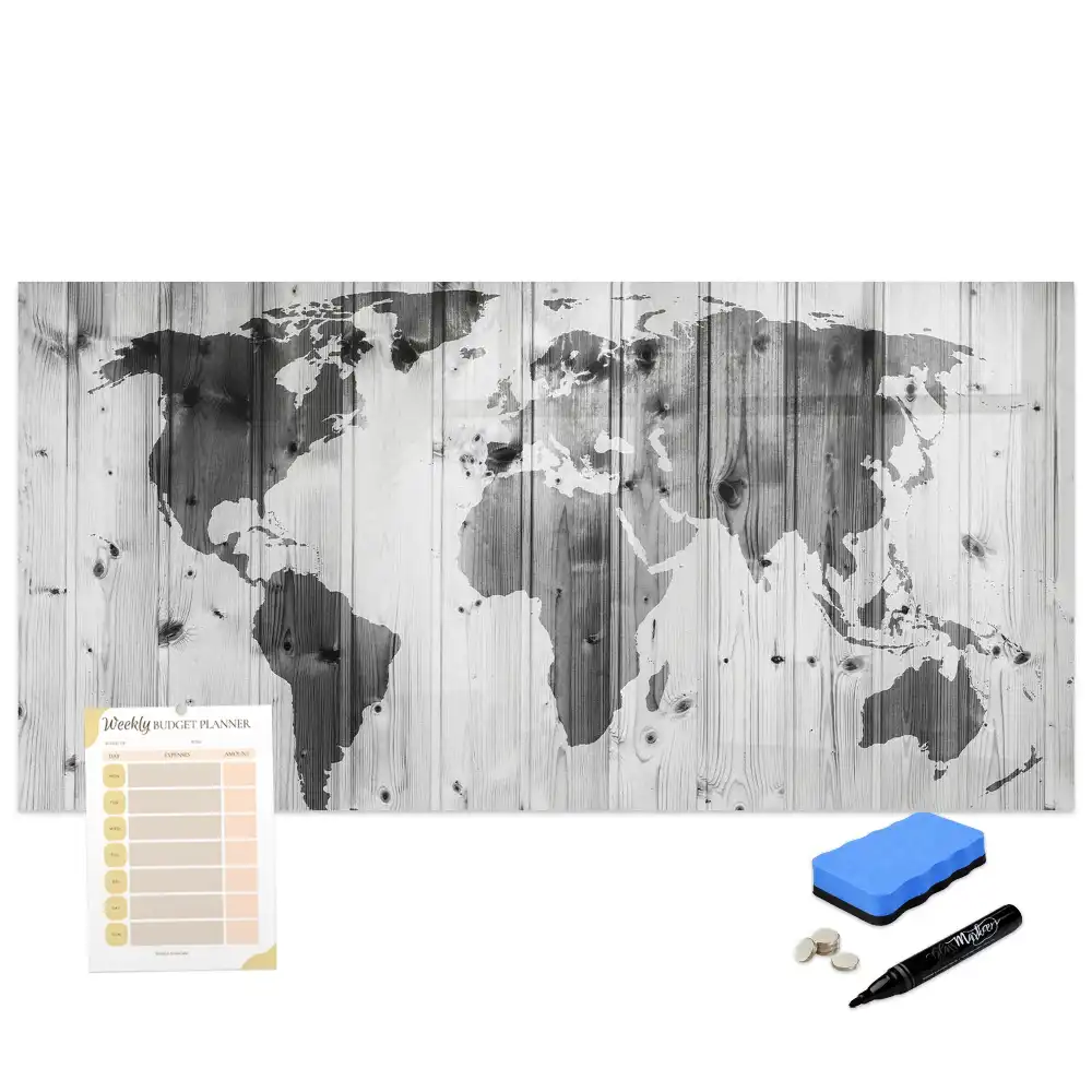 Tableau blanc magnétique effaçable à sec avec motif continents sur fond bois