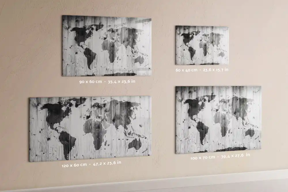 Tableau blanc magnétique effaçable à sec avec motif continents sur fond bois