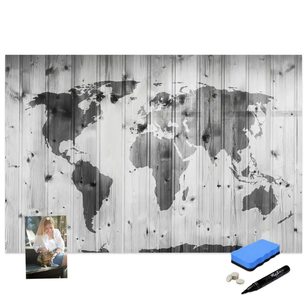 Tableau blanc magnétique effaçable à sec avec motif continents sur fond bois