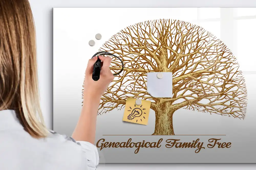 Tableau blanc magnétique effaçable à sec avec motif arbre généalogique multigénérationnel