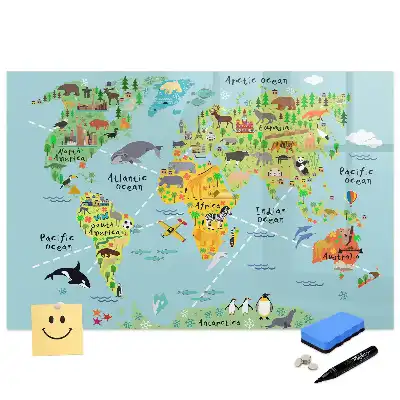 Tableau blanc magnétique effaçable à sec avec carte du monde des animaux