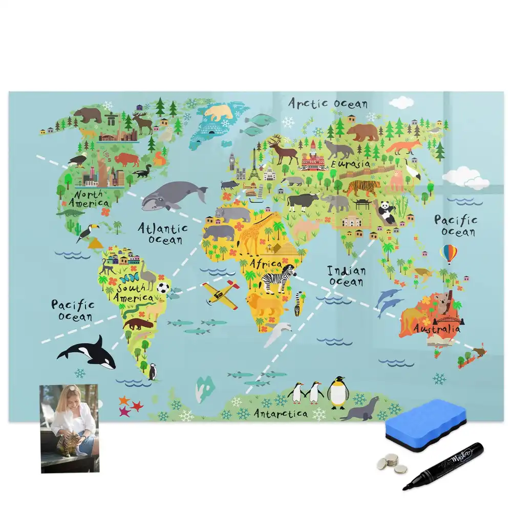 Tableau blanc magnétique effaçable à sec avec carte du monde des animaux
