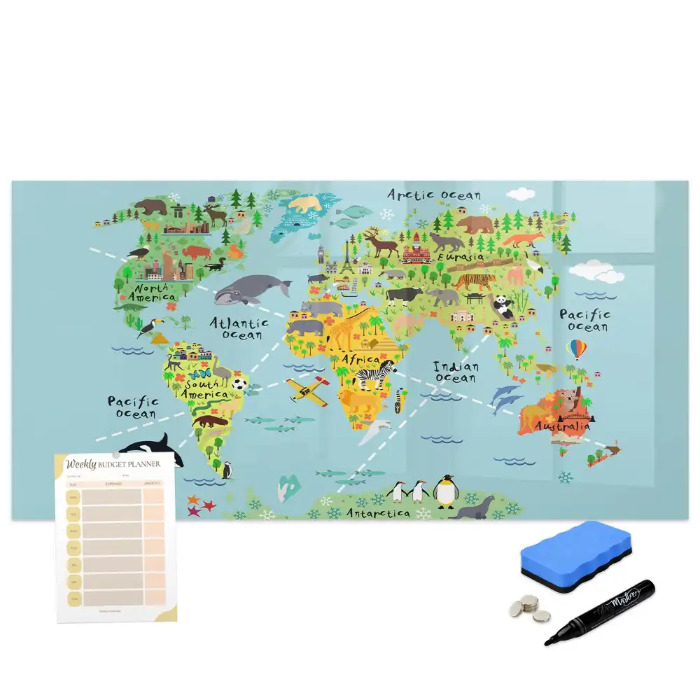 Tableau blanc magnétique effaçable à sec avec carte du monde des animaux