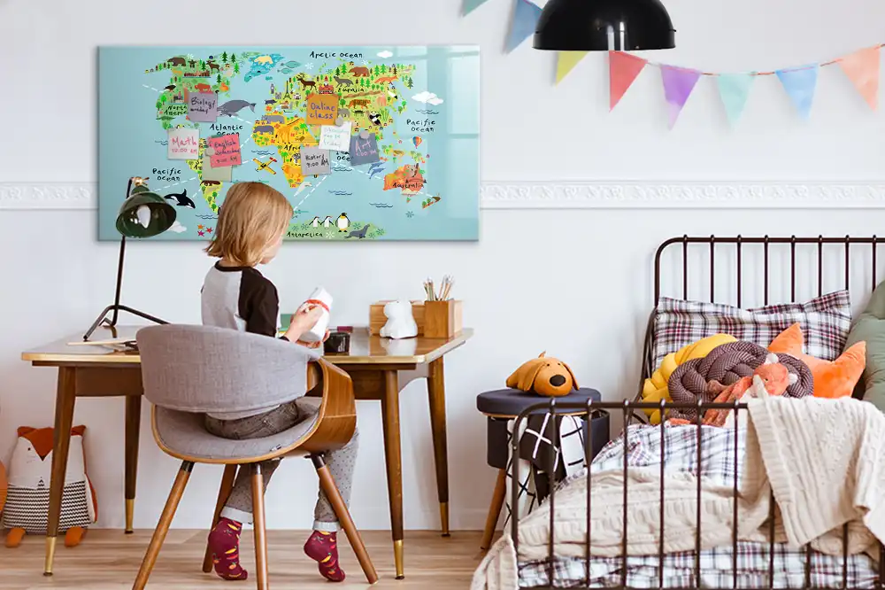 Tableau blanc magnétique effaçable à sec avec carte du monde des animaux