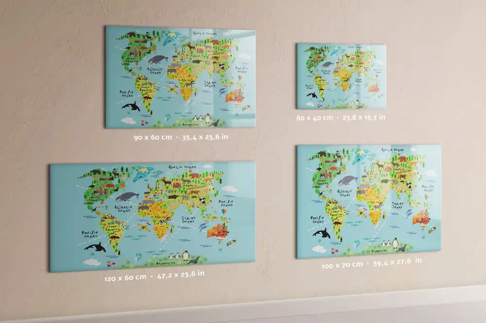 Tableau blanc magnétique effaçable à sec avec carte du monde des animaux