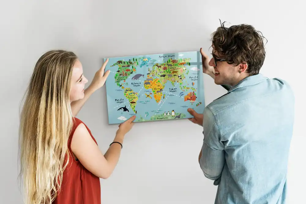 Tableau blanc magnétique effaçable à sec avec carte du monde des animaux