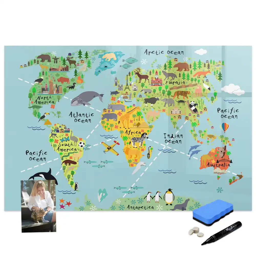 Tableau blanc magnétique effaçable à sec avec carte du monde des animaux