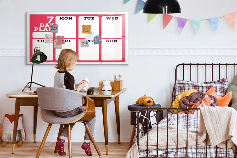 Tableau blanc magnétique effaçable à sec avec planning des tâches hebdomadaires