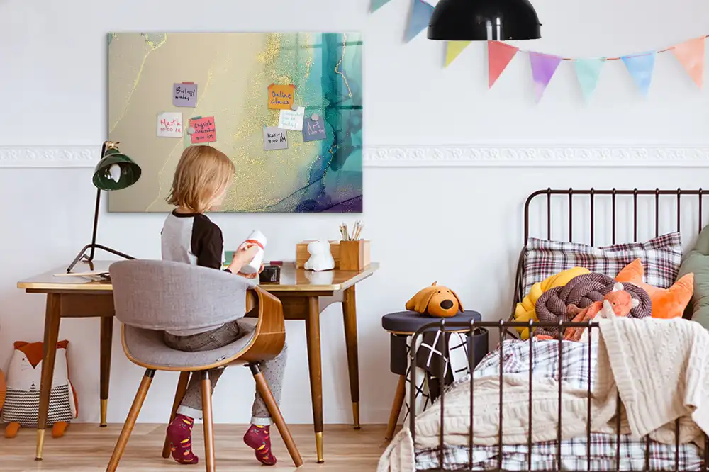 Tableau blanc magnétique effaçable à sec à motif marbre multicolore