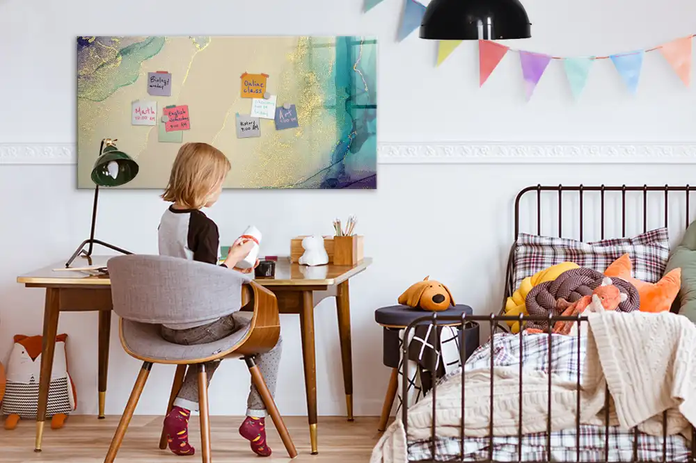 Tableau blanc magnétique effaçable à sec à motif marbre multicolore