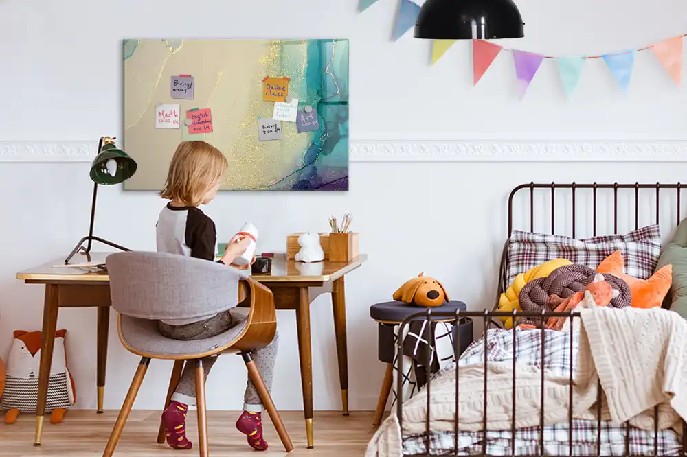 Tableau blanc magnétique effaçable à sec à motif marbre multicolore