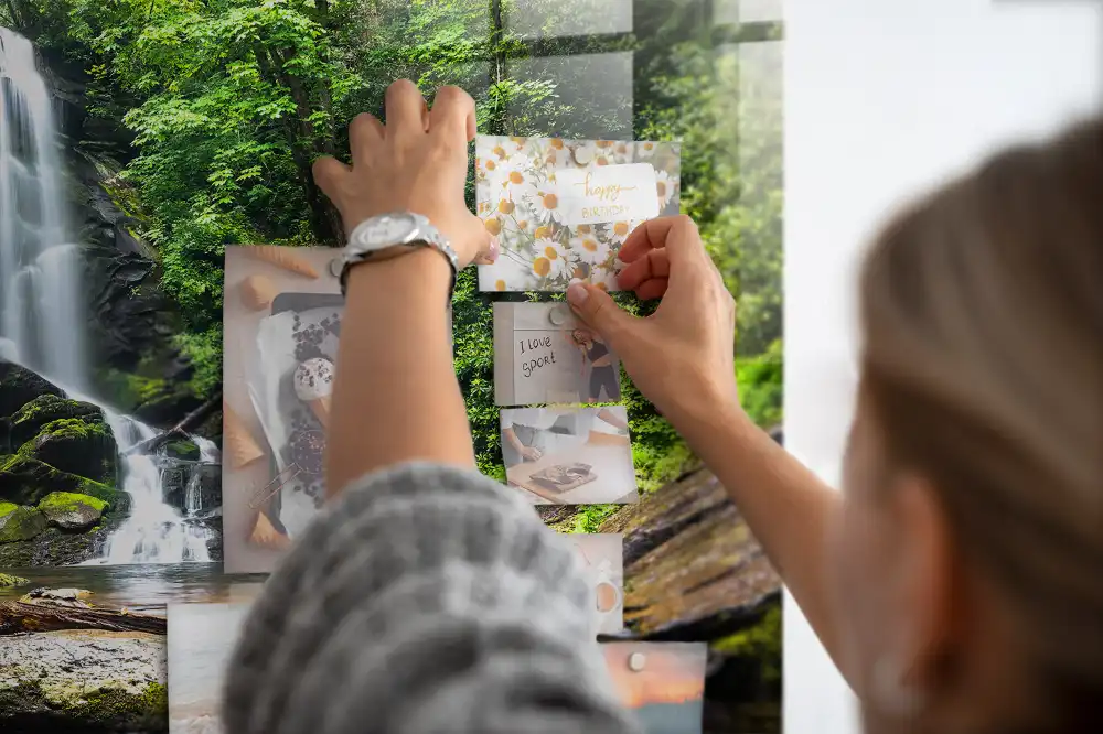Tableau en verre magnétique motif forêt avec cascade