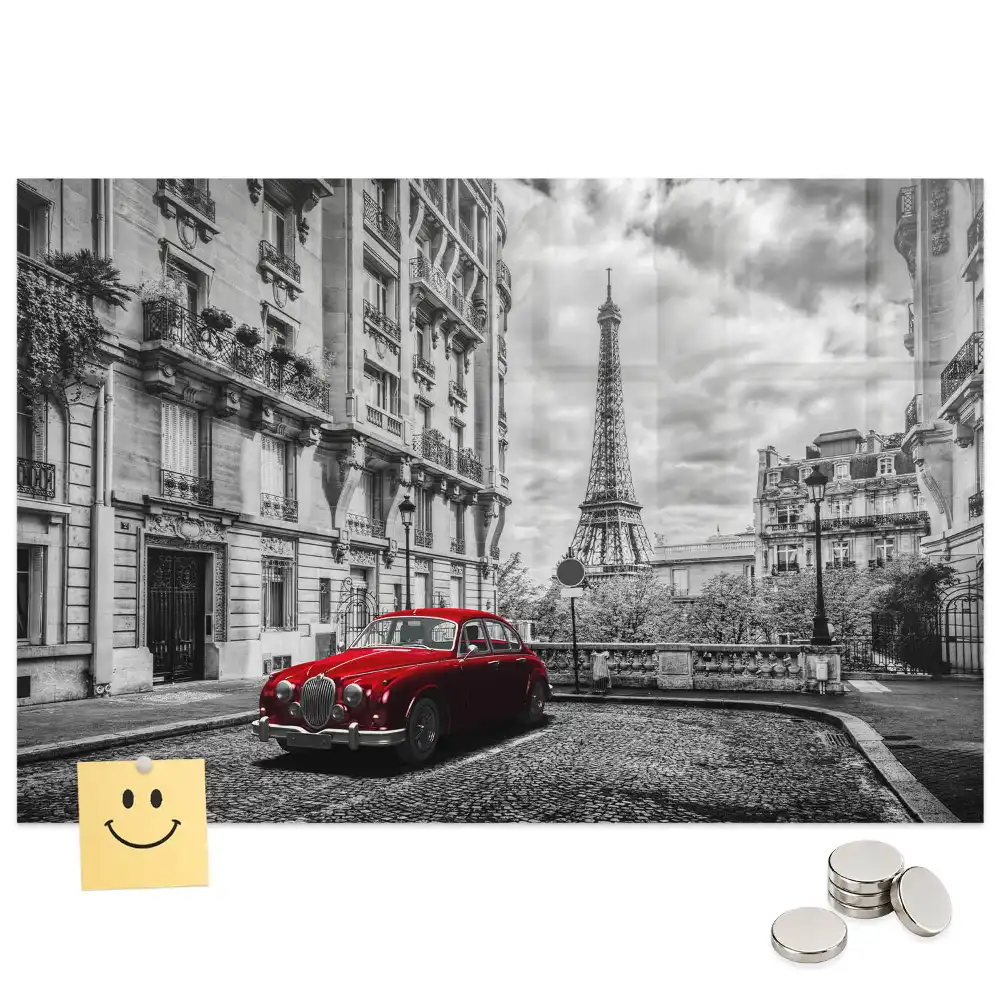 Tableau magnétique en verre représentant une voiture ancienne en ville