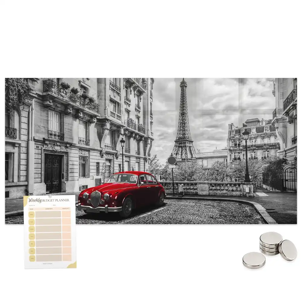 Tableau magnétique en verre représentant une voiture ancienne en ville
