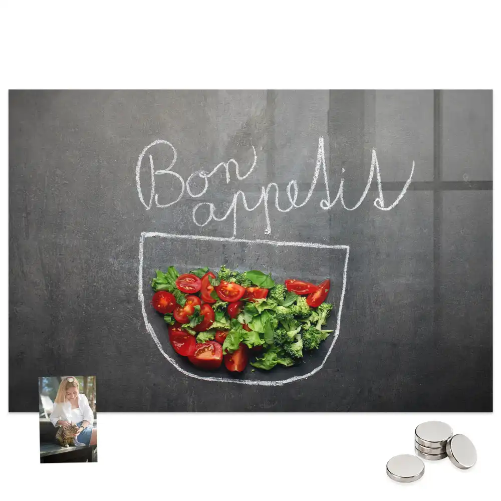 Tableau magnétique en verre avec inscription Bon appétit