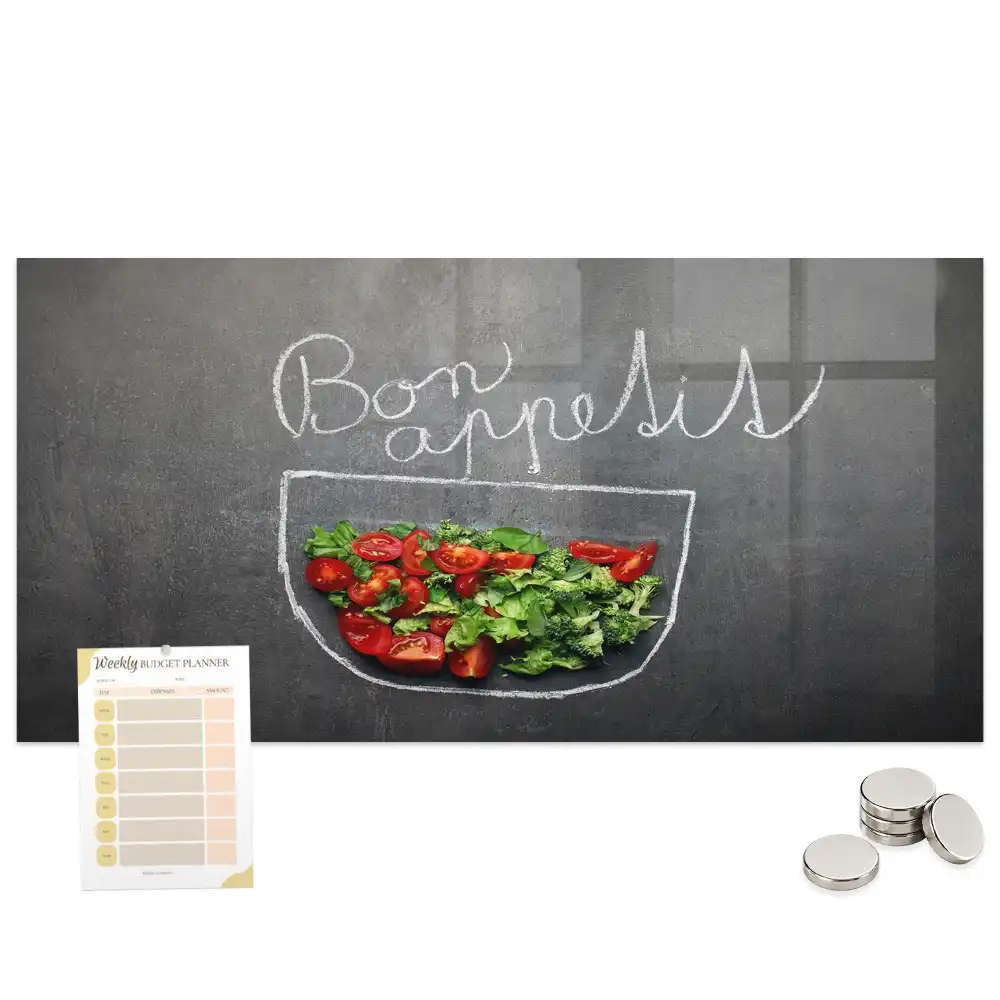 Tableau magnétique en verre avec inscription Bon appétit