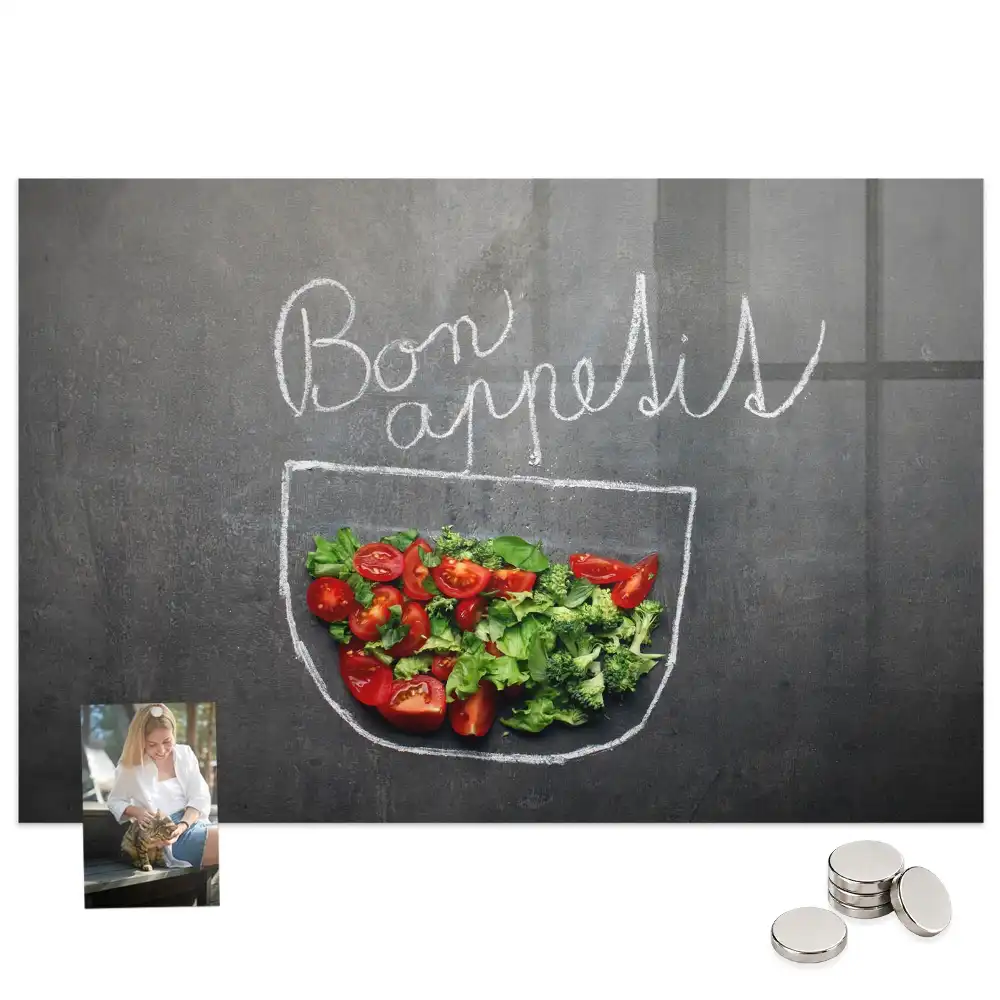 Tableau magnétique en verre avec inscription Bon appétit