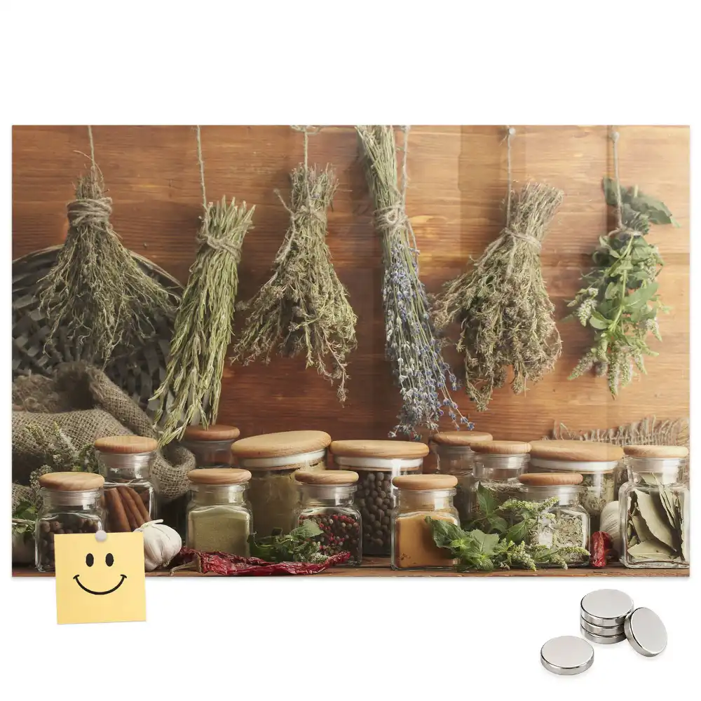 Tableau magnétique en verre motif herbes aromatiques