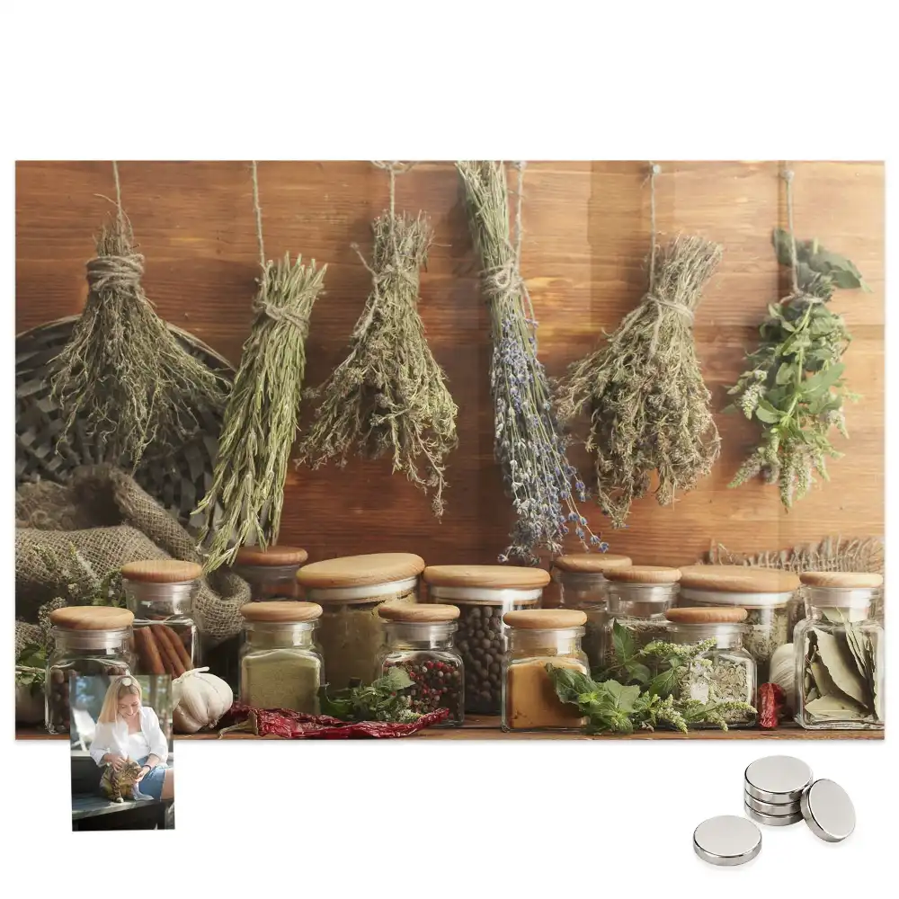 Tableau magnétique en verre motif herbes aromatiques