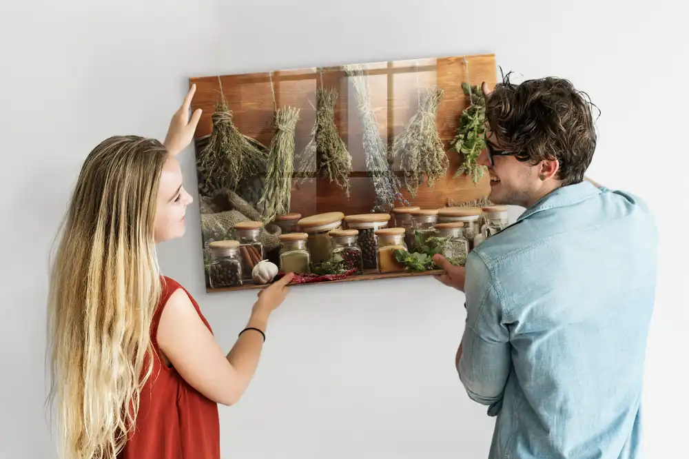 Tableau magnétique en verre motif herbes aromatiques