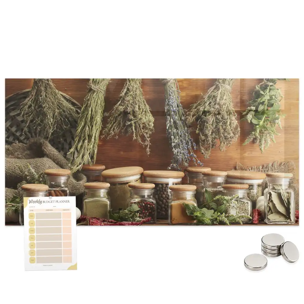 Tableau magnétique en verre motif herbes aromatiques