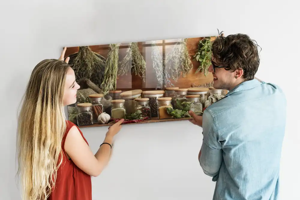 Tableau magnétique en verre motif herbes aromatiques