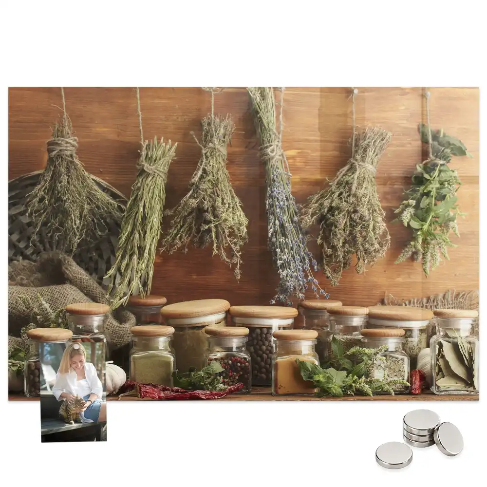 Tableau magnétique en verre motif herbes aromatiques