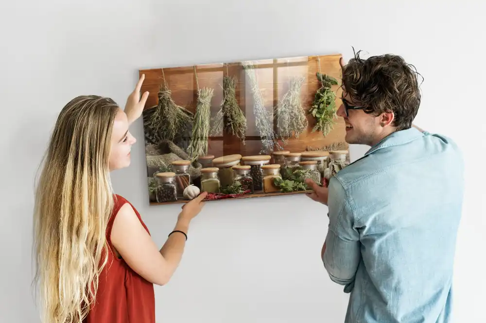 Tableau magnétique en verre motif herbes aromatiques
