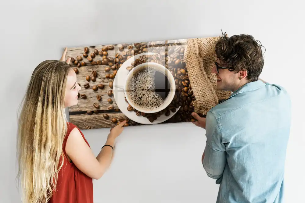 Tableau mural magnétique en toile de jute motif sac à café