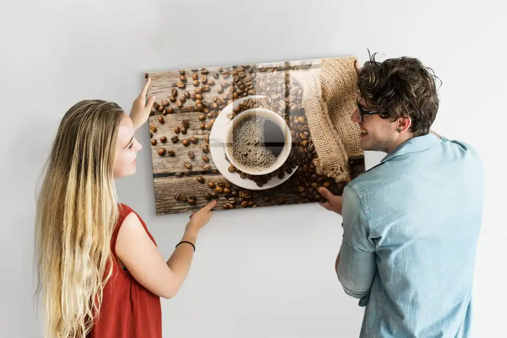 Tableau mural magnétique en toile de jute motif sac à café