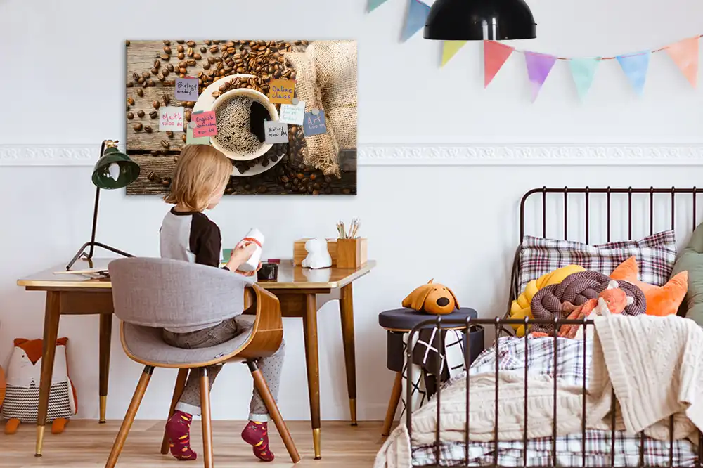 Tableau mural magnétique en toile de jute motif sac à café