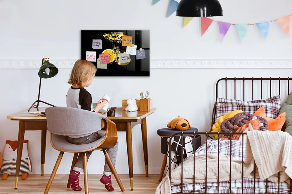 Tableau magnétique en verre motif agrumes jaunes