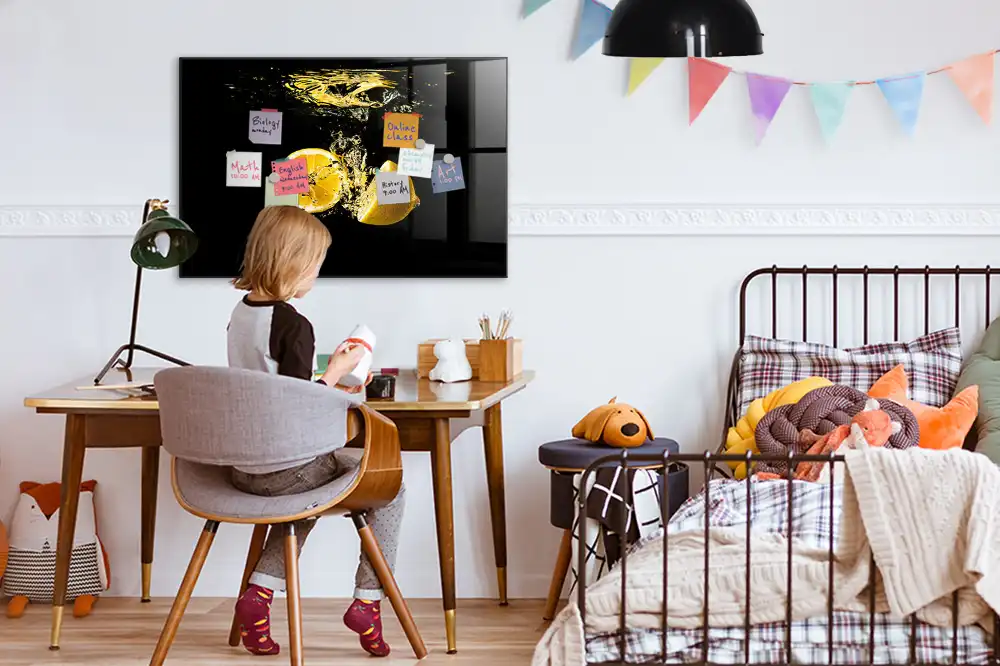 Tableau magnétique en verre motif agrumes jaunes