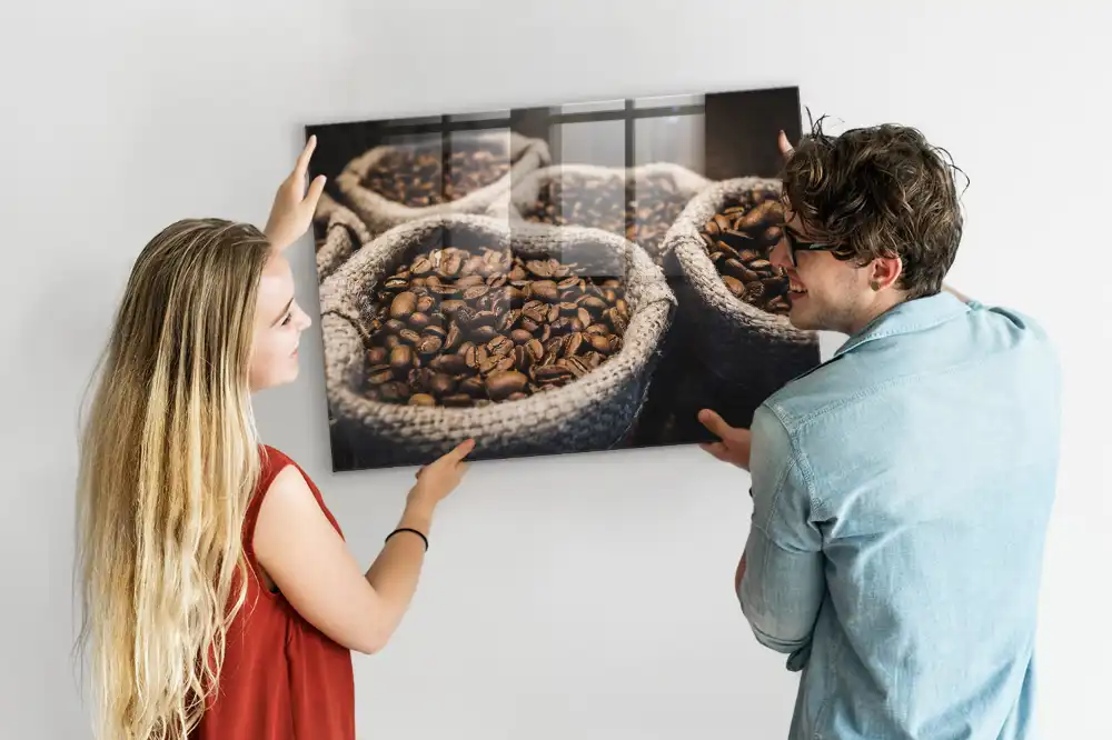 Tableau magnétique en verre motif sacs à café en jute