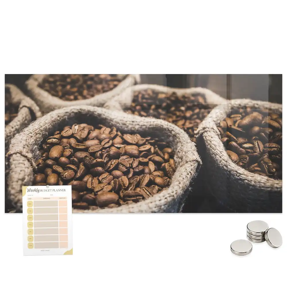 Tableau magnétique en verre motif sacs à café en jute
