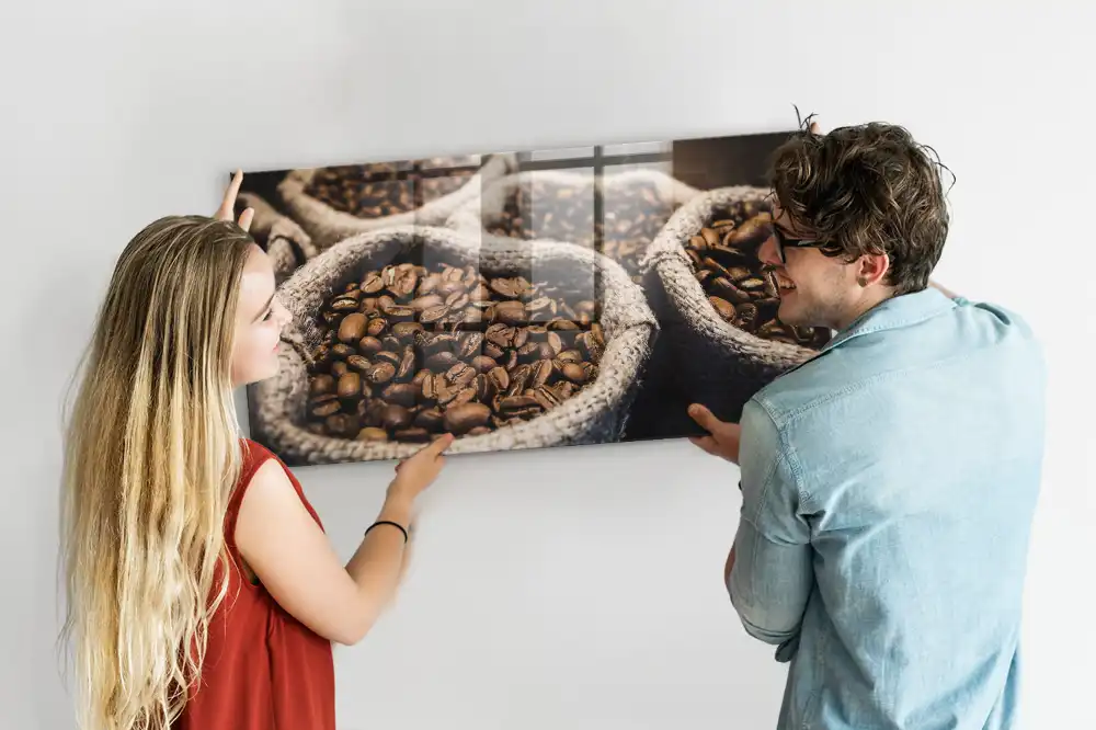 Tableau magnétique en verre motif sacs à café en jute