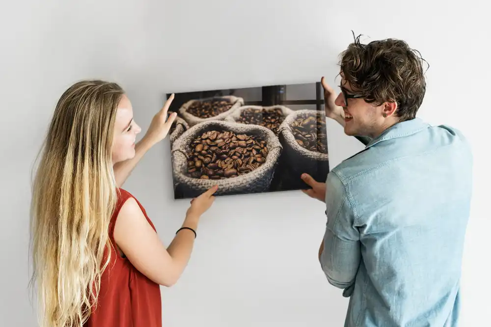 Tableau magnétique en verre motif sacs à café en jute