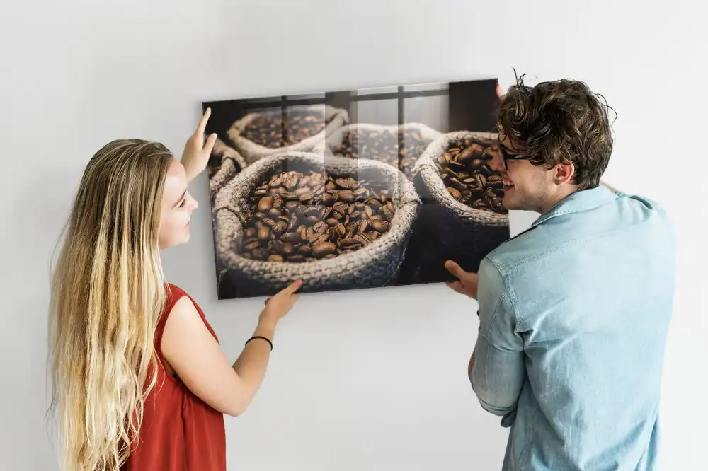 Tableau magnétique en verre motif sacs à café en jute