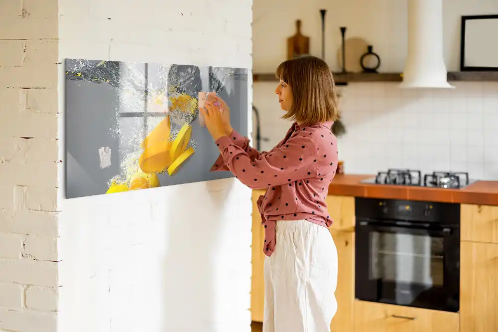 Tableau magnétique en verre motif agrumes dans un jet d'eau