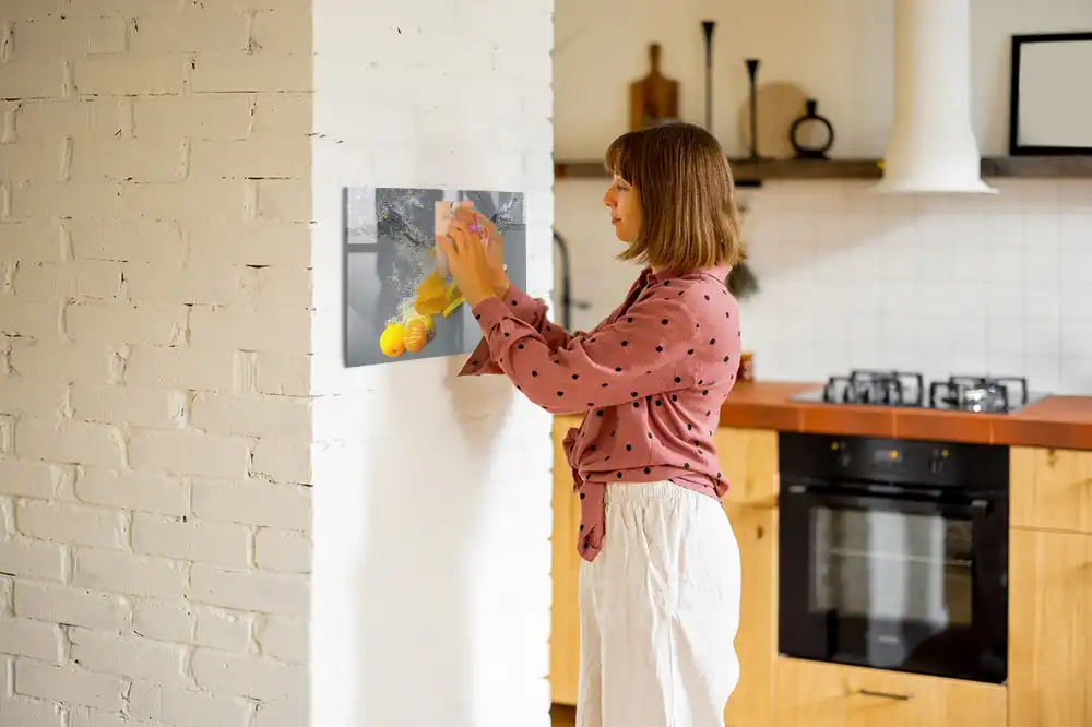Tableau magnétique en verre motif agrumes dans un jet d'eau