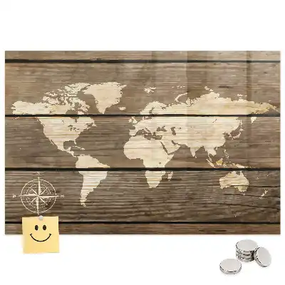 Tableau magnétique en verre avec motif carte du monde en bois